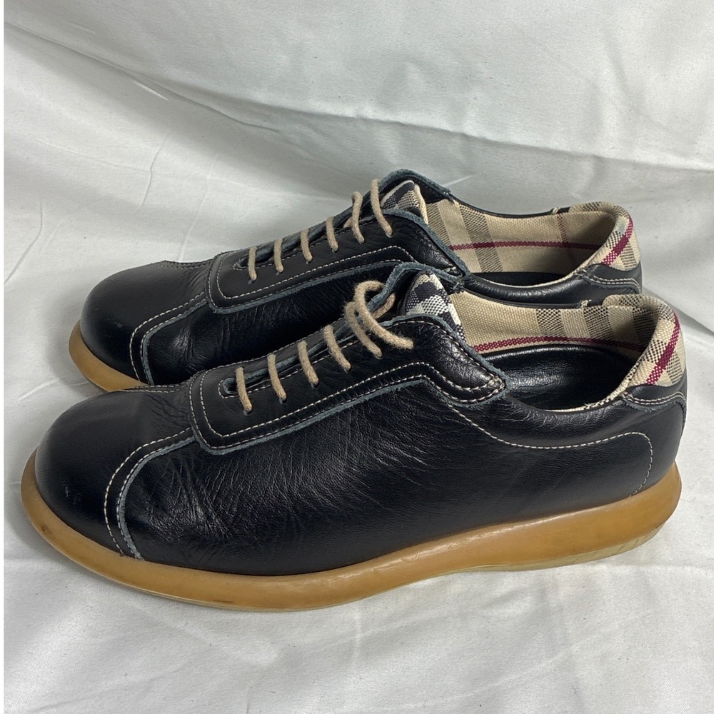 Burberry Black Leather Nova Check Trim Low Top Sneakers Shoes Size 35 - Picture 5 of 8